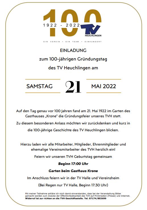 Einladung zum 100-jährigen Gründungstag